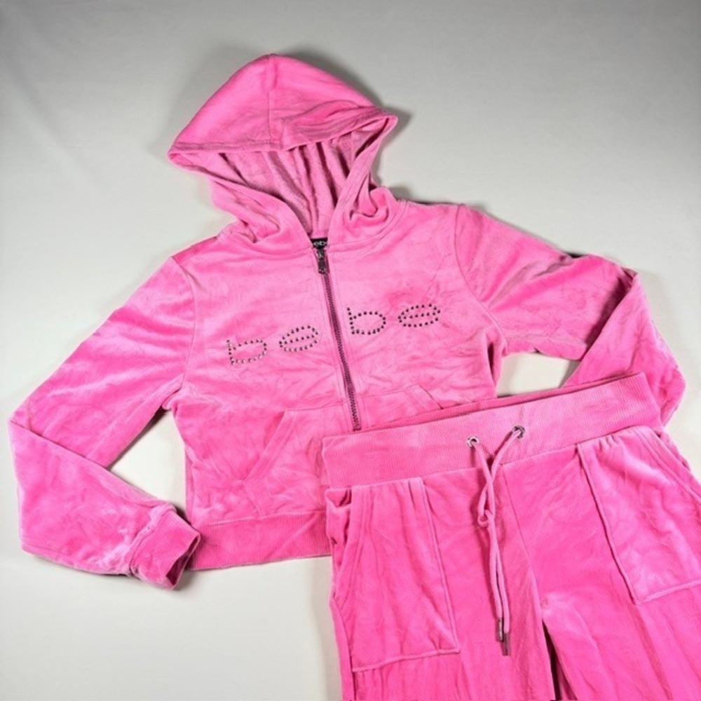 Bebe Pink Velour Tracksuit Set Rhinestone Logo Crop Hoodie Flare Pants Medium
